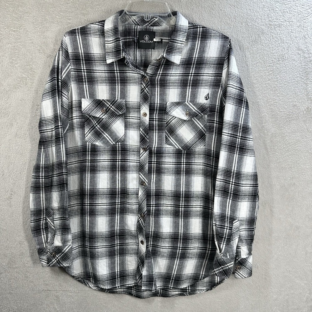 Volcom Flannel Shirt Women's L Black White Grunge Gorpcore Relaxed Fit‎